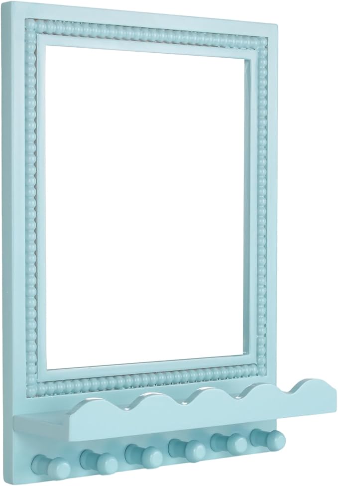 Tirzah 16x12 Inch Wall Mount Beaded Wood Framed Mirror with Shelf and 6 Hooks, Blue Decorative Entryway Mirror with Storage for Laundry Room, Bathroom, Bedroom