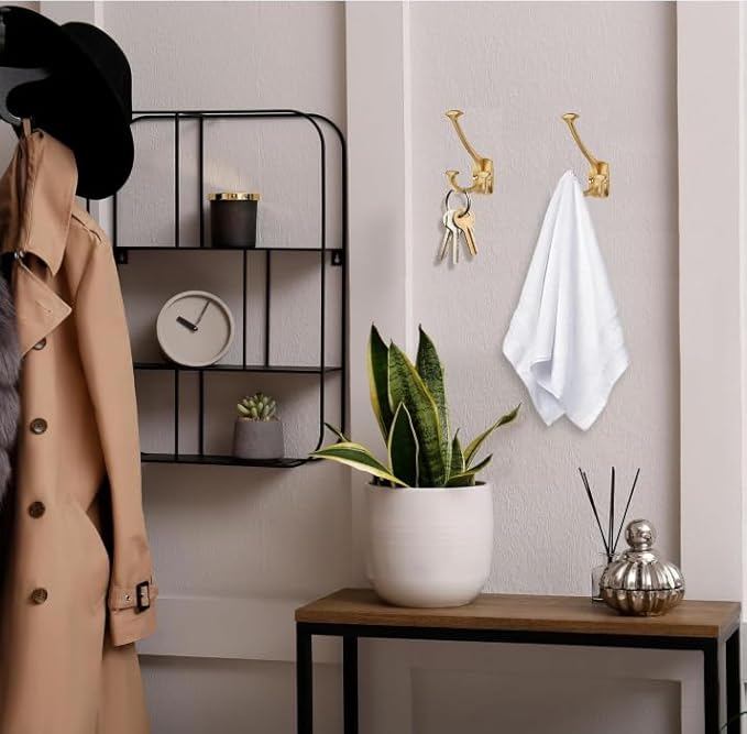 Brushed Gold Hooks Large Wall Mounted Decorative Solid Heavy-Duty Double-Sided Coat Hooks for Hanging Towels Coats Robes Towels Bag Bathroom Wall Hooks (2 Pack)
