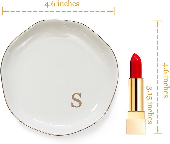 HOME SMILE Initials Ring Dish Jewery Tray with Personalized S-Monogrammed Engagement Wedding Gifts for Friends,Sister,Birthday Christmas Gifts for Women,Ceramic White