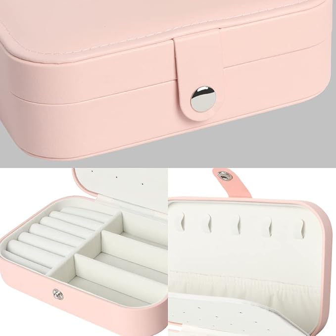 Travel Jewelry Box, Small Jewelry Organizer Boxes for Women Girls, 2 Layer Travel Jewlery Case, PU Leather Mini Portable Jewerly Storage Display Holder for Earrings, Ring, Necklaces, Bracelets - Pink
