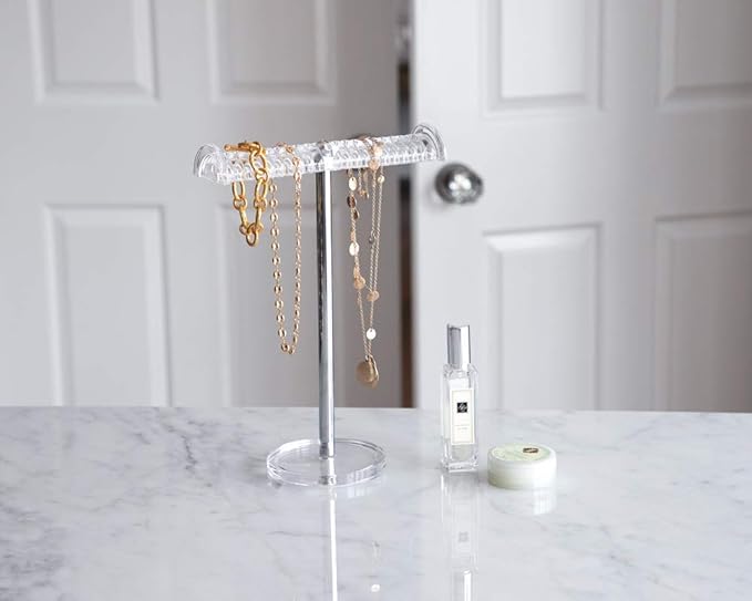 Isaac Jacobs Clear Acrylic Necklace & Bracelet Holder (8â inch T-Bar)â Hanging Chain and Bangles Organizer Sleek & Sturdy Stand for Jewelry â Storage Solution- Bedroom- Bathroom â Countertop