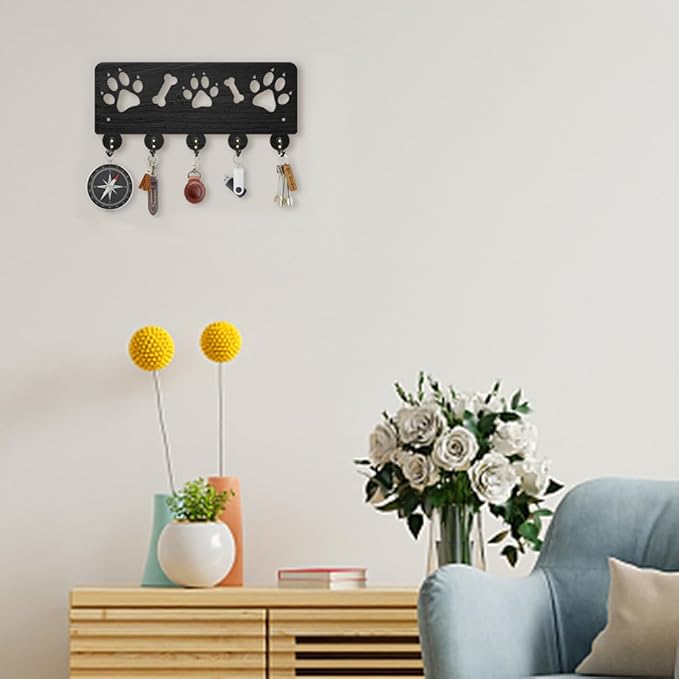 MAYJOYDIY Paw Print Wall Key Holder with 5 Hooks - 11.8x5.2 Inch Wood Dog Key Rack for Leash Entryway, Animal Theme Home Decor