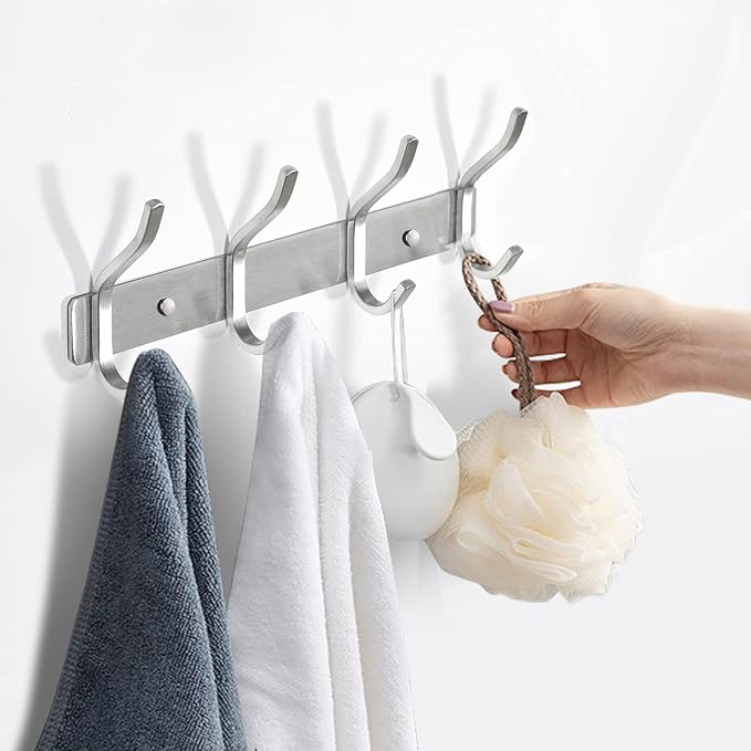 12 Inch Wall Hooks, 304 Stainless Steel Coat Hanger Wall Mount with 4 Hooks, Silver Coat Hooks for Hanging Backpack,Bag, Purse,Clothes,Towel | Entryway & Bathroom Storage Organization Hanger