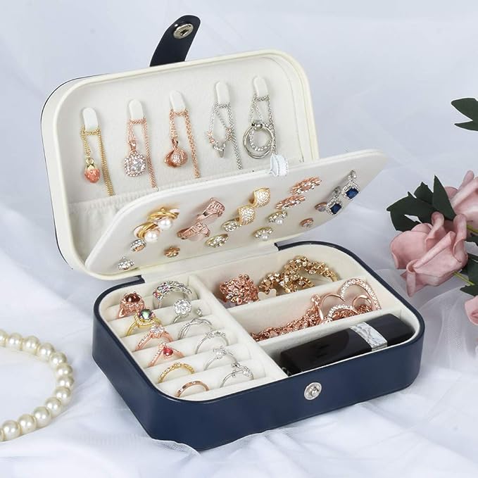 jiemei Jewelry Box, Travel Jewelry Organizer Cases with Doubel Layer for Women’s Necklace Earrings Rings and Travel Accessories (Dark Blue)