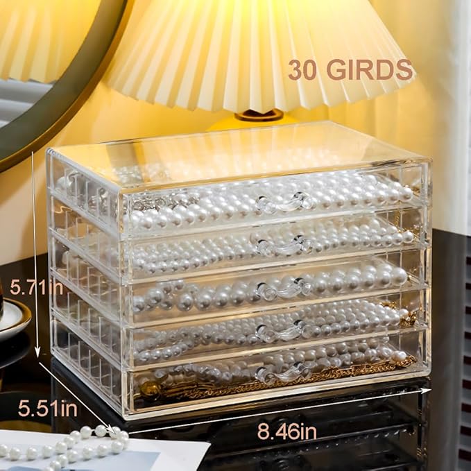 Necklace Box Necklace Holder Organizer, Acrylic Necklace Organizer Box Clear Necklace Display Jewelry Tray with Transparent Lid Jewelry Display Box for Necklace (Clear White, 5 Drawer 30 Girds)