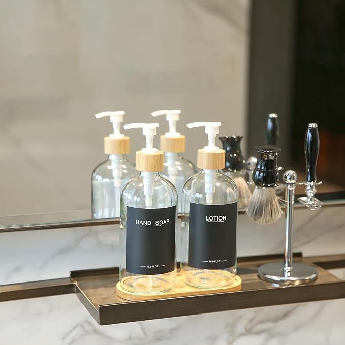 Clear Glass Soap Dispenser with Bamboo Pumps&Tray&Labels, Hand Dispenser, Lotion Dispenser, Dish Soap Dispenser for Kitchen Sink. (Clear)
