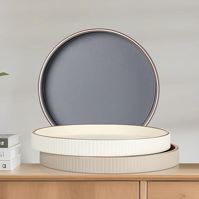 GORESE 12" Round Coffee Table Tray for Home Decor, PU Leather Decorative Serving Tray for Home & Entryway Tables, Perfume and Jewelry Tray for Dresser & Nightstand, Gray