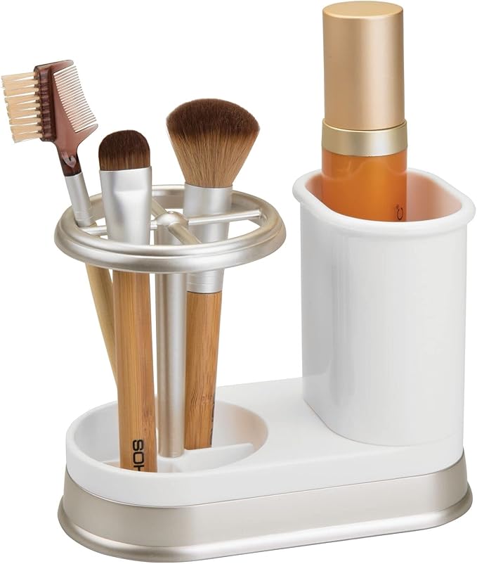 mDesign Decorative Bathroom Dental Storage Organizer Holder Stand for Electric Spin Toothbrush/Toothpaste - Compact Design for Countertop and Vanity, Holds 4 Standard Brushes - White/Matte Satin