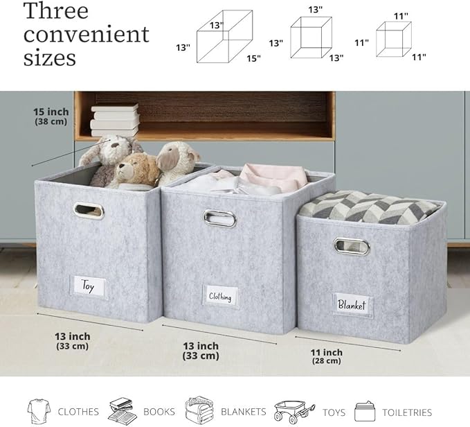 DECOMOMO Felt Storage Bins, 13 inch Cube Storage Bins with Labels for Organization (Cube 13" / 6pcs, Silver Grey)