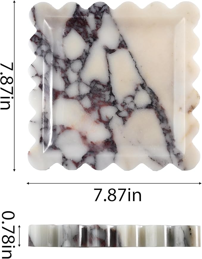 Elegant Square Marble Decorative Tray with Scalloped Edge Natural Stone Vanity Tray Organizer for Counter, Vanity, Dresser, Nightstand, Bathroom & Kitchen Sink(Calacatta Viola)