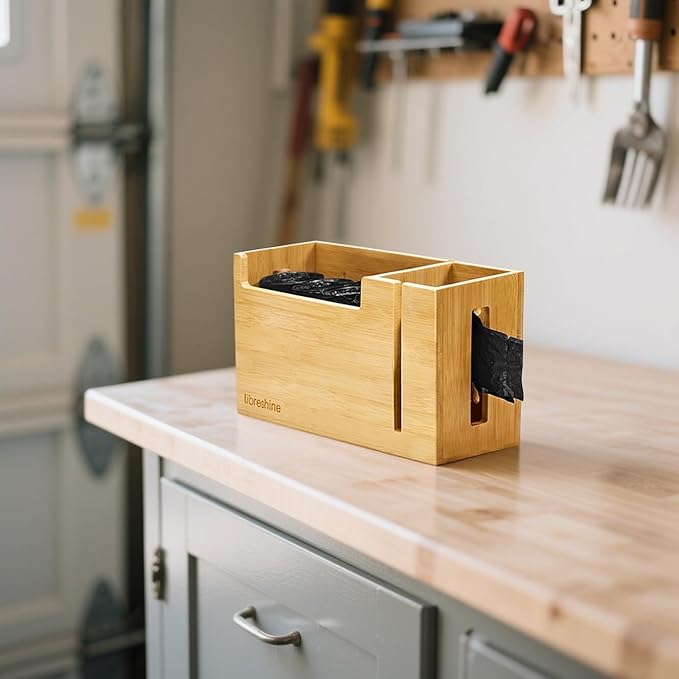 Bamboo Trash Bag Dispenser & Holder 1.2–4 Gallon, No-Drill Adhesive Wall Mount & Cabinet Door, Fits Up to 3.3” Diameter Rolls, Mini Garbage Bag Organizer for Kitchen Under Sink