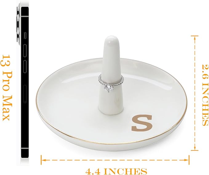 HOME SMILE Initials Ring Holder Jewery Tray with personalized S-Monogrammed Engagement Gifts for Friends,Birthday Mother's Day Christmas Gifts for Women,Ceramic White