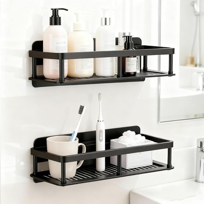 ACEXINYAN Shower Caddy Adhesive, Self-Adhesive Bathroom Shelves Basket, 2 Pack Large Capacity Shower Shelve for Inside Shower, No Drilling Bathroom Organizers and Storage for Home Decor (2, Black)