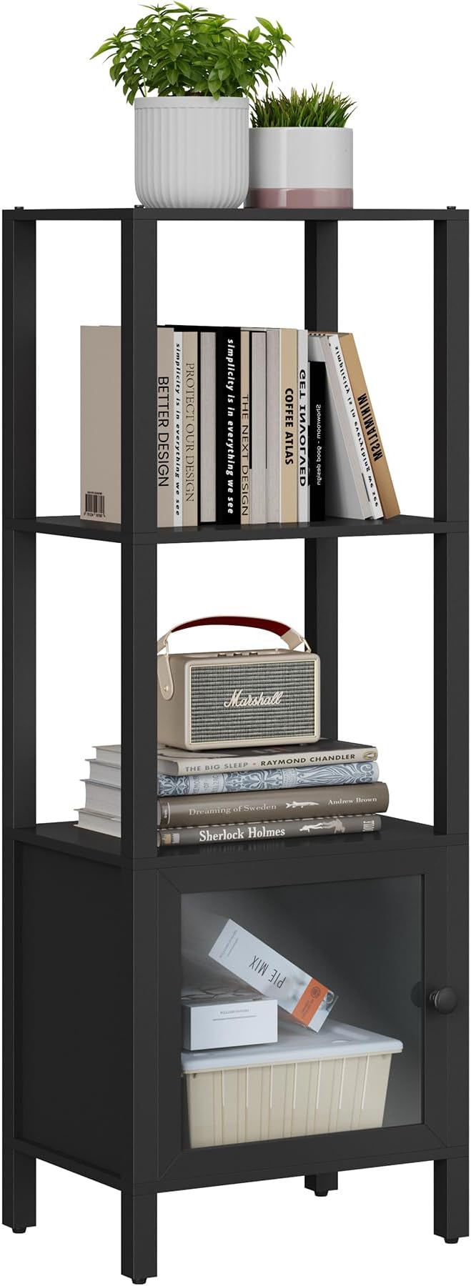 TUTOTAK 4 Tier Bookcase and Bookshelf, Narrow Book Shelf with Door for Small Space, for Living Room, Office, Study, Entryway, Black BS03BK004