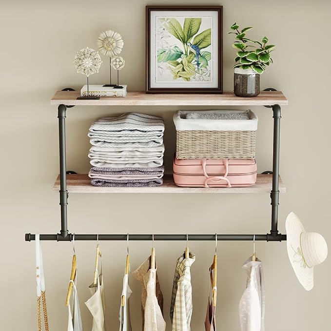 MAIKAILUN Industrial Pipe Clothes Rack with Wood Shelf, 42" Long Wall Mounted Clothing Rack with Hanging Rod for Laundry Room, Heavy Duty Pipe Shelves, Closet Storage, Retail Boutique Display