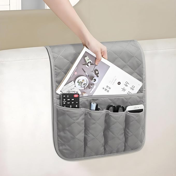 Sofa Armrest Organizer Non-Slip Arm Chair Bedside Caddy Storage Organizer for Recliner Couch with 5 Pockets for Cell Phone TV Remote Control Magazines (LIGHT GRAY)