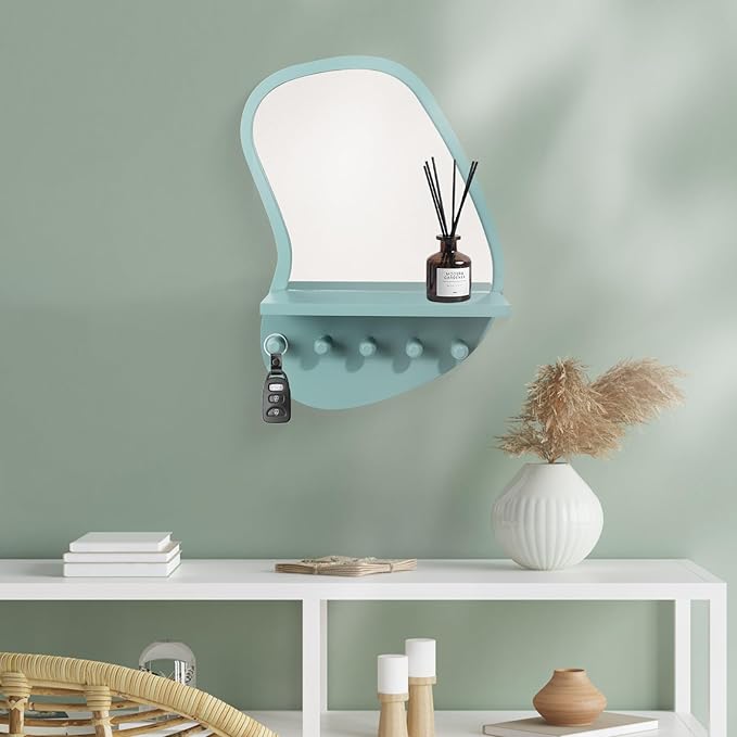 SANY DAYO HOME Wall Mount Wood Frame Irregular Mirror with 5 Wooden Hooks and Shelf, Modern Decorative Hanging Mirror for Entryway, Bedroom, Living Room (16″ x 12″, Turquoise)