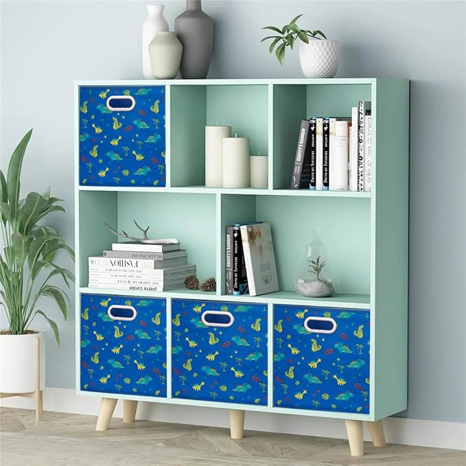 Dinosaur Fabric Storage Cubes Bins Kids 13x13x 13 in Navy Blue Storage Cubes Inserts Foldable Cloth Storage Boxes Collapsible Storage Baskets Drawer for Cube Organizer ,QY-SC06-6