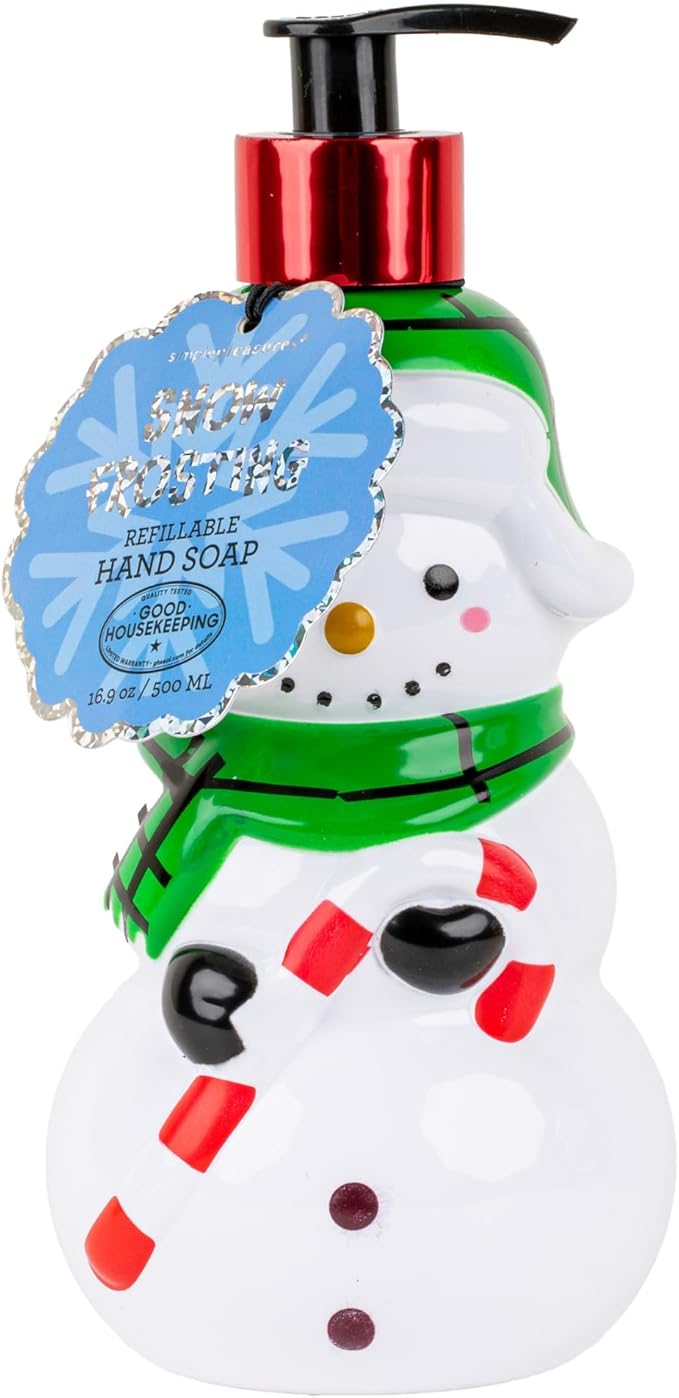 Simple Pleasures Snow Frosting Hand Soap Dispenser – 16.9 fl oz Refillable Holiday Soap, Ceramic Snowman Design with Candy Cane & Green Scarf – Festive Winter Bathroom & Kitchen Décor Gift