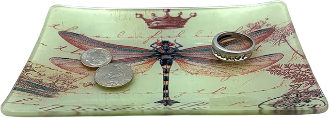 Value Arts Trinket Dish, Dragonfly with Crown and Postmark, Rectangular Glass Ca