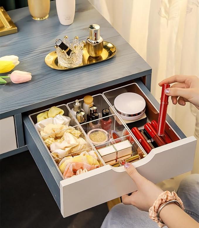 Stackable Clear Drawer Organizers Small Makeup Vanity Storage Bins Trays and Office Desk Drawer Dividers Triple Compartments 2 Pack