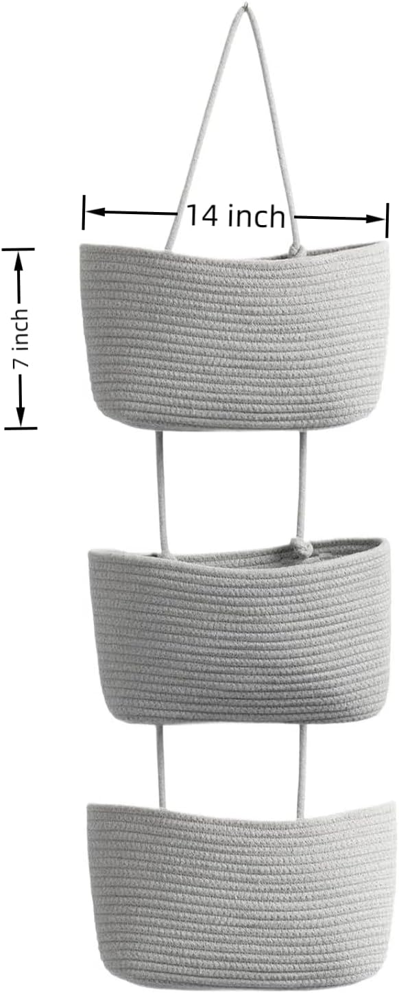 Hanging Baskets for Organizing,3-Tier Woven Cotton Over the Door/Wall-Mounted Storage Organizer Bag Decorative,Kitchen,Living Room,Bedroom,Nursery,Grey