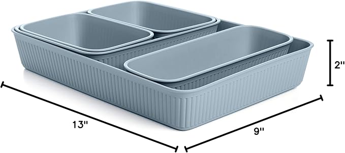 Superio Ribbed Collection - Decorative Plastic Basket Desk Drawer Organizer Tray, Blue (Set of 5) Open Home Storage Bins Organizer Baskets, for Organizing Closet Storage Bins for Shelves Drawer Shelf