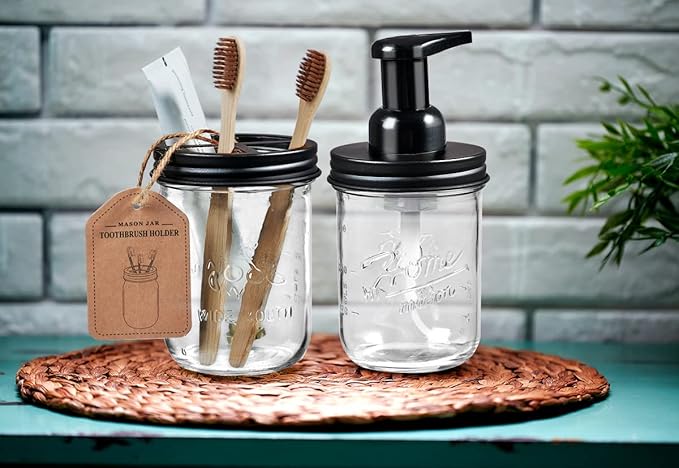SheeChung Mason Jar Foaming Soap Dispenser, Glass Foaming Hand Soap Dispensers, Stainless Steel Lid, Refillable Foam Soap Dispenser for Bathroom Kitchen, Farmhouse Bathroom Decor (1 Pack, Black)