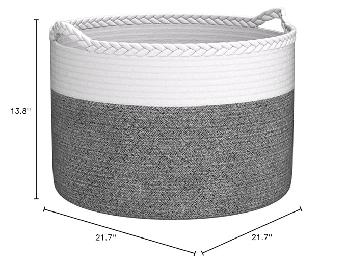 COMSE Extra Large Blanket Basket, Woven Laundry Basket, 21.7âx 13.8â, Nursery Hamper, Cotton Rope Laundry Hamper Living Room for Storage Toys Clothes Towels (White & Black)