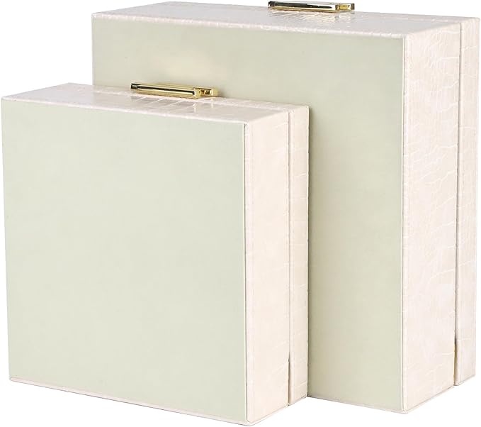 HofferRuffer Square Decorative Boxes, Set of 2 Nesting Storage Memory Keepsake Boxes with Lids, Stylish PU Leather Trinket Jewelry Organizer Box for Home Decor and Storage (CreamWhite Croco)