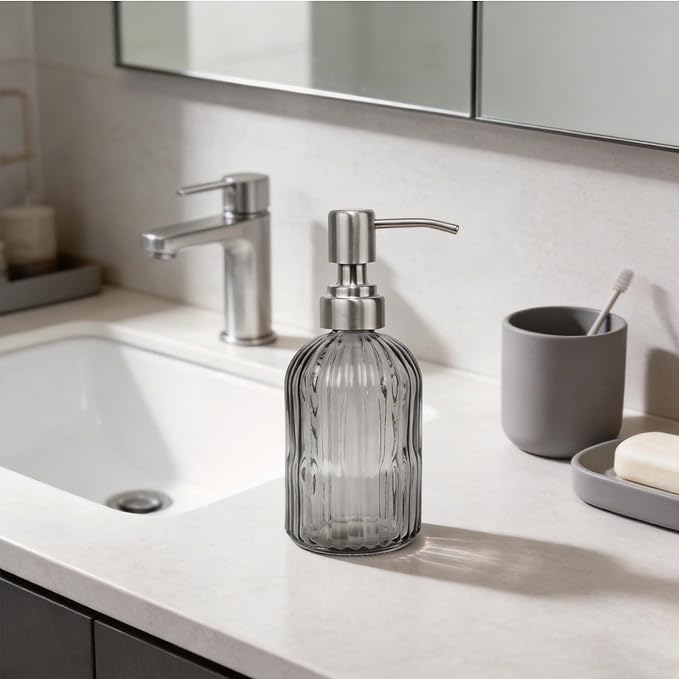 14Oz Gray Soap Dispenser Bathroom, Clear Glass Hand Soap Dispensers with Stainless Steel Pump, Refillable Dish Soap Dispenser for Kitchen, Countertop Soap Dispensers