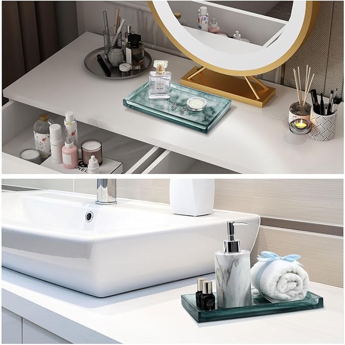 Emibele Bathroom Tray - Resin Countertop Vanity Tray with Jewelry Storage & Organizer for Candle, Plant, Perfume, Shampoo, Towel - Home Decor, Medium, Ink Green