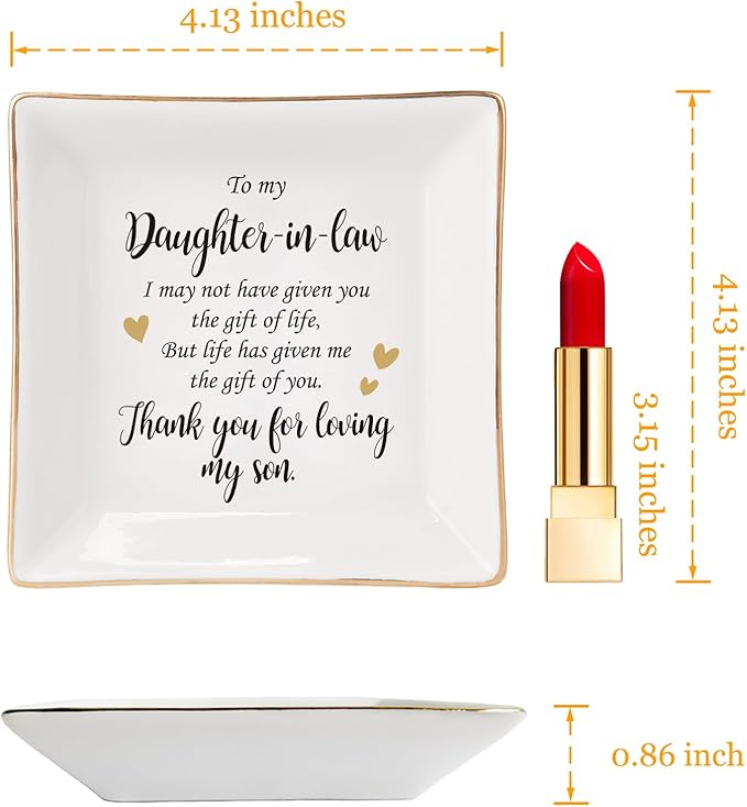 HOME SMILE Mother's Day Gifts for Daughter in Law Ceramic Ring Jewelry Dish Tray Plate for Birthday Christmas Valentines Wedding-Thank You for Loving My Son