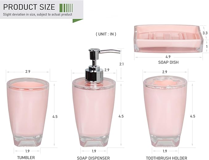 Bathroom Accessories Set of Acrylic Plastic soap Dispenser, Toothbrush Holder, Toothbrush Cup, soap Dish, Pink Bathroom Accessories 4pcs Set (Pink)