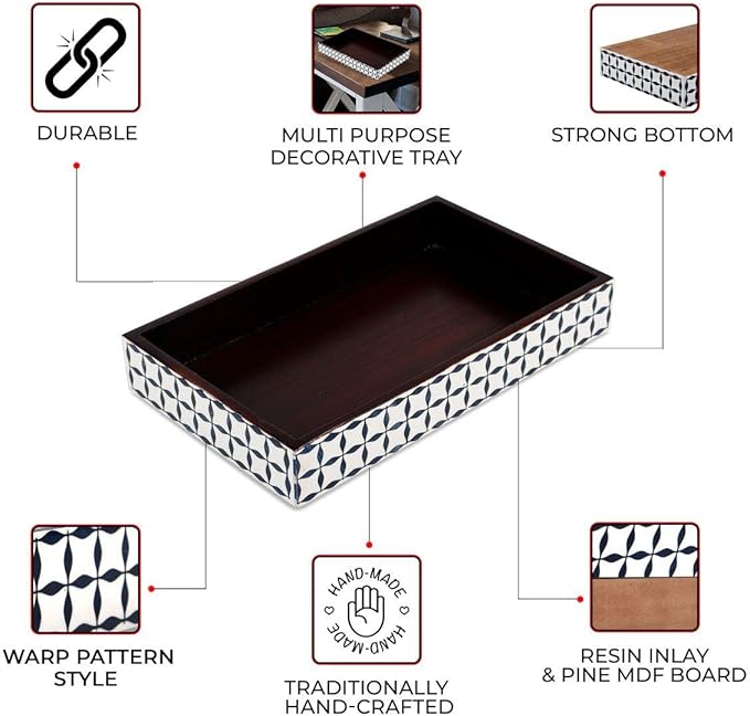 Handicrafts Home Black & White Bathroon Tray, Resin Inlay, Illusion Wrap Decorative Vanity & Bathroom Organizer, Small Countertop Tray, Guest Towel Holder, Serving Tray for Kitchen, Vintage Decor-10x6