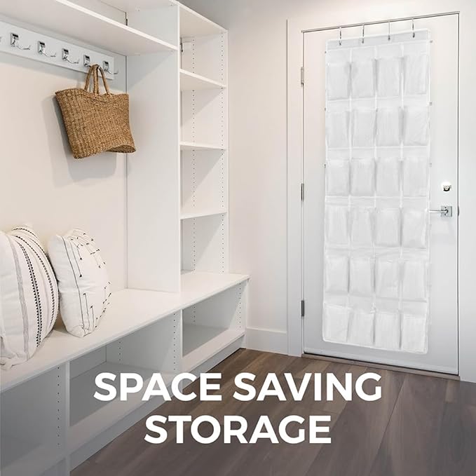 HOME GENIE Over the Door Hanging Shoe Organizer, 2 Pack, 24 Breathable Mesh Pockets, Closet Rack Storage Holder Stay in Place Hooks Hang on Closets, Hanger Holds Up to 40 lbs, Shoes, Accessories White