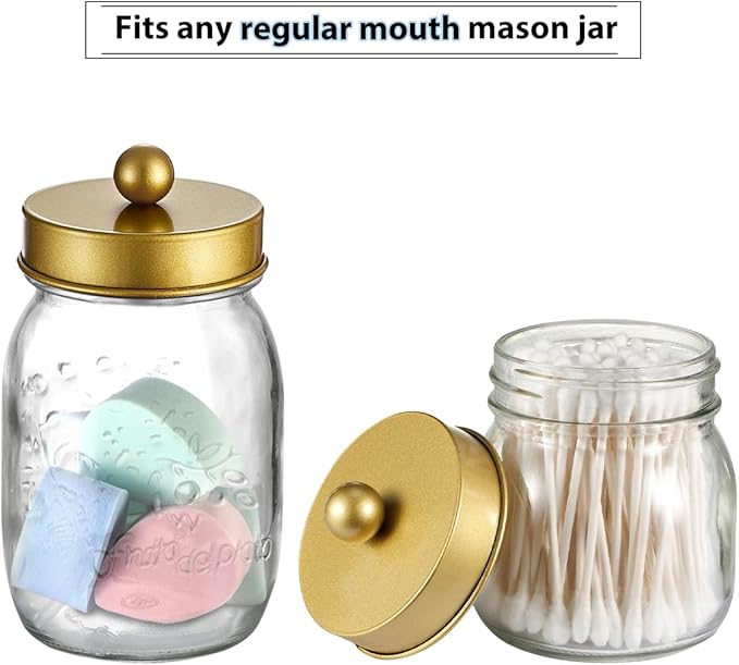 Mason Jar Bathroom Accessories Lids Set(4pcs) - Jars Not Included - Soap Dispenser, Apothecary Jars Lids for Regular Mouth Mason Jars, Wide Mouth Toothbrush Holder lid,-Stainless Steel,Gold
