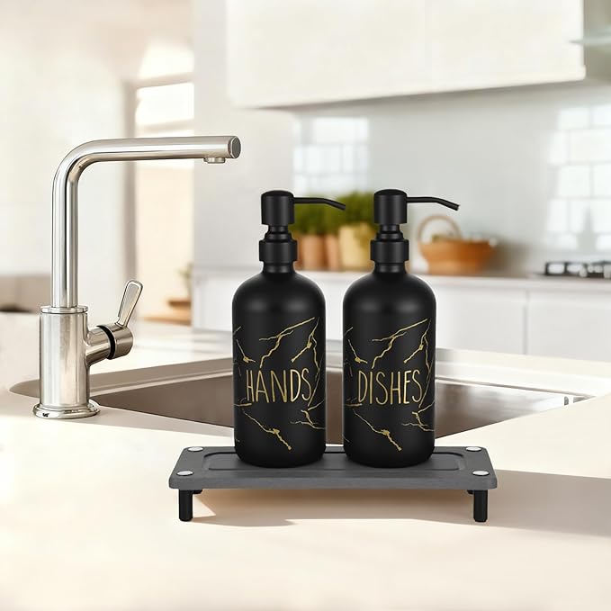 Kitchen Soap Dispenser Set, 16oz Hand and Dish Soap Dispenser Set with 2 Instant Dry Trays, Stainless Steel Pump, Refillable Glass Bottle for Kitchen and Bathroom Countertop (Black)