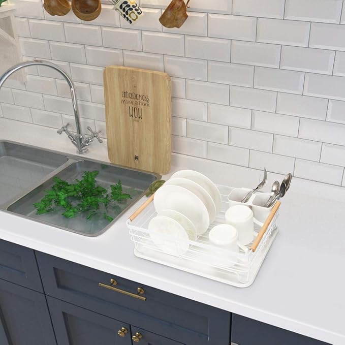 Modern Wood Handle Dish Rack and Drain Board, 16.5" x 12" x 5.5" Kitchen Plate Cup Dish Drying Rack Tray Cutlery Dish Drainer