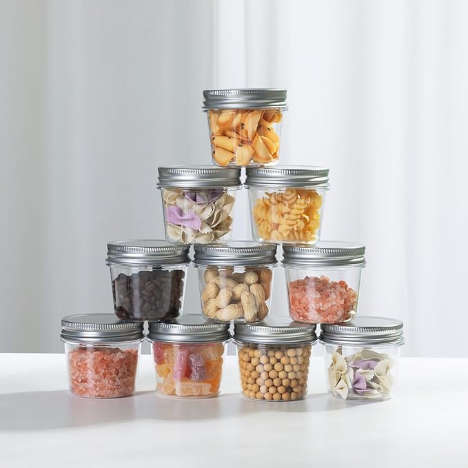 novelinks 4 oz Plastic Mason Jars with Lids, 60 Pack Small Containers with Lids 4oz, Slime Containers & Cake Jars & Small Spice Jars for Kitchen Organization (60 Pack,Silver)