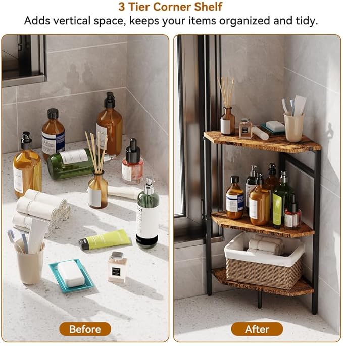 CADUKE Pedestal Sink Storage, 2 Pack Under Sink Organizer Shelf Bathroom Under Vanity Storage Shelf for Small Space, Bathroom Organizers Rack Stand 3 Tier Wooden Corner Shelves, Rustic Brown