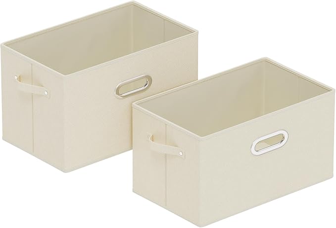 Foldable Cloth Basket with 4 Handles, Decorative Open Storage Boxes, Stackable Cube Organization, Fabric Bins for Shelves, Closet, Living Room, 15x9.8x9.8in, Beige, 2 Pack