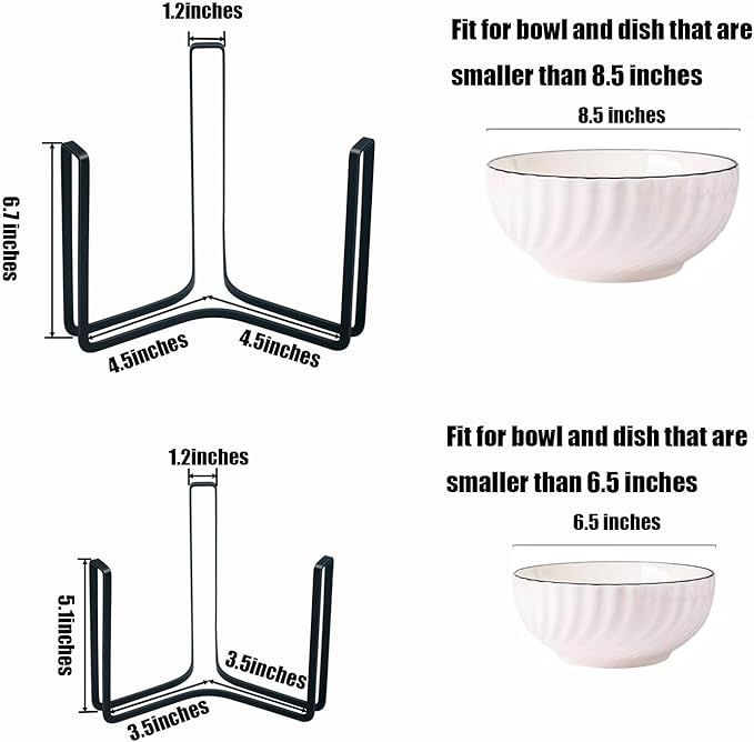 Dinnerware Bowl Plate Holder Fit for 6.5 Inches Diameters Bowl, Metal Bowl Storage Dying Display Rack for Kitchen Drawer, Countertop, Cabinet, Shelf, Cupboard (Black, Small 2PCS+Large 2PCS)