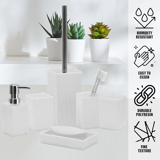 Bathroom Accessory-6Pcs White Bathroom Accessories Set Includes Soap Dispenser, Toothbrush Holder and Cup, Soap Dish, Toilet Brush and Holder, Qtip Holder