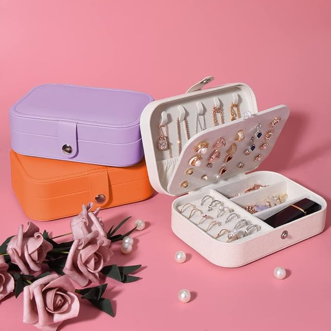 jiemei Jewelry Box, Travel Jewelry Organizer Cases with Doubel Layer for Women’s Necklace Earrings Rings and Travel Accessories (Purple)
