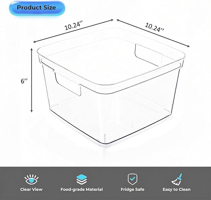 MOONEDGE 4-Pack Clear Plastic Storage Bins — Open-Top PET Organizers, 10" x 10" x 6" Storage Containers Ideal for Pantry, Fridge, Shelf and Counter Organization, Small Storage Bins for Home