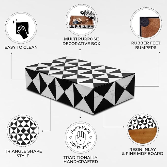 Handicrafts Home Decorative Storage Box with Lid – Black and White Decorative Remote Holder Box, Coffee Table Storage Box for Living Room, Console Table & Shelf Decor – Trianlge 10 x 6 x 2.5