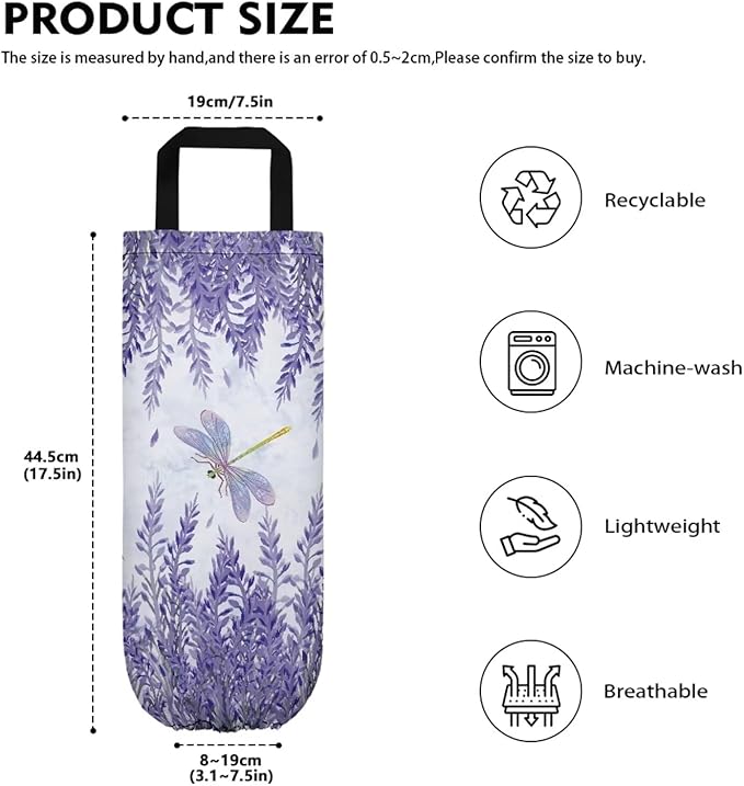 Purple Plastic Bag Holders Wall Mount Hanging Shopping Trash Bag Storage Organizer Grocery Bags 2PCS Hanging Plastic Bag Pouch,Lavender Dragonfly