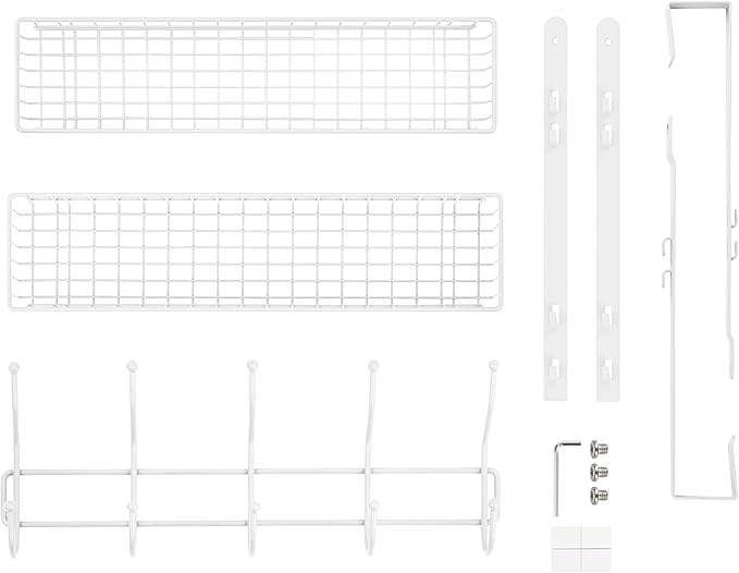 Over The Door Hanger with 2 Mesh Baskets 5 Hooks, Detachable Storage Organizer Rack for Coats, Hats, Handbags,Towels, Easy Install Metal Hanging Hook Rack Shelf, White