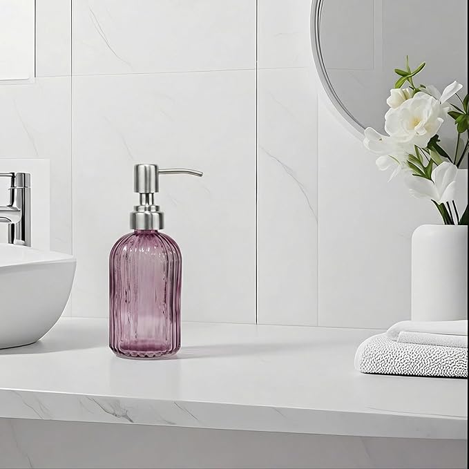 14Oz Purple Soap Dispenser Bathroom, Clear Glass Hand Soap Dispensers with Stainless Steel Pump, Refillable Dish Soap Dispenser for Kitchen, Countertop Soap Dispensers